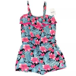 Hurley Pink Teal Floral Romper Shorts Tank Top NWT Girls XL